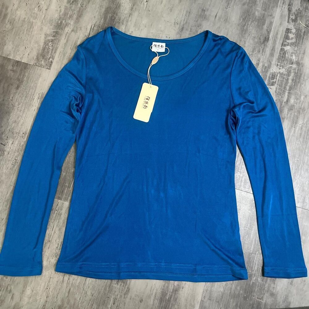 Satin Long Sleeve Crewneck Shirt Blue Size Medium NWT